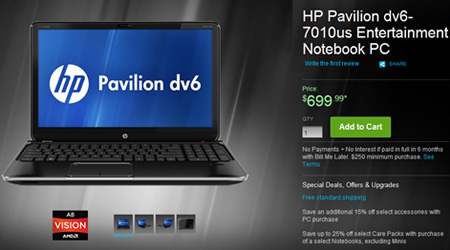 Стоимость HP Pavilion dv6-7010us в базовом исполнении — $700