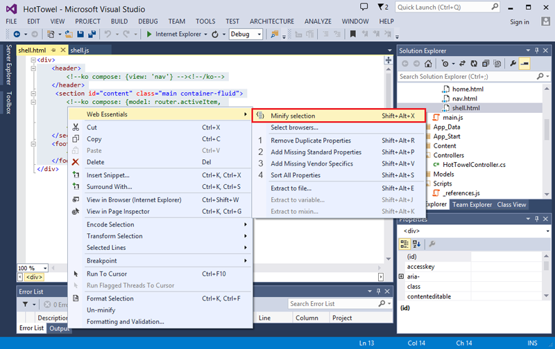 HTML минимизация в Web Essentials 2013