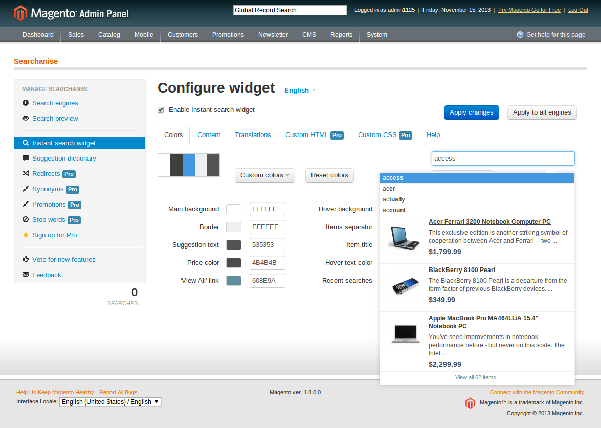 Searchanise Admin Panel, Magento