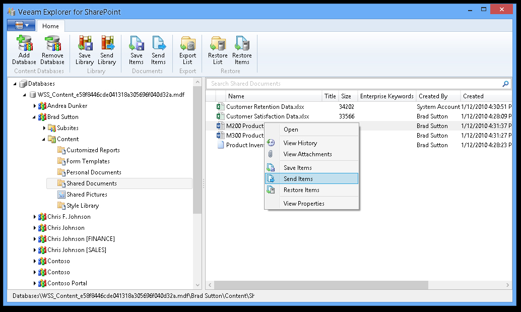 Veeam Explorer for Microsoft SharePoint 2013 меню Veeam Explorer for Microsoft SharePoint 2013