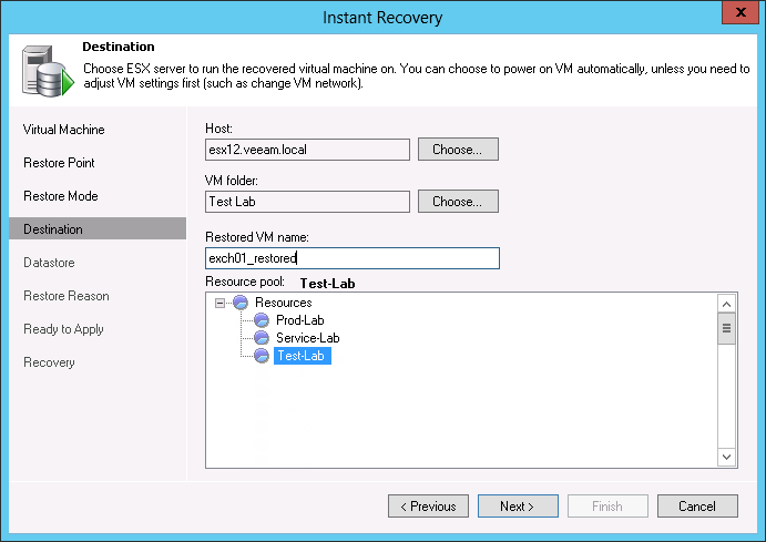 Рис. 3. Instant VM Backup (Мгновенное Восстановление Виртуальных Машин): Выбор места, куда восстанавливается ВМ