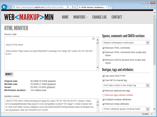 Онлайн-версия HTML-минимизатора на сайте WebMarkupMin Online