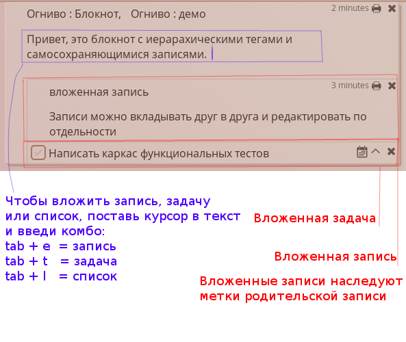 Блокнот с иерархическими тегами и вкладывающимися записями