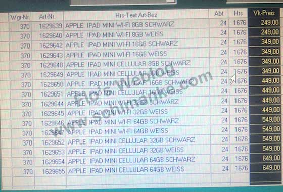 Немецкий прейскурант на планшеты Apple iPad mini