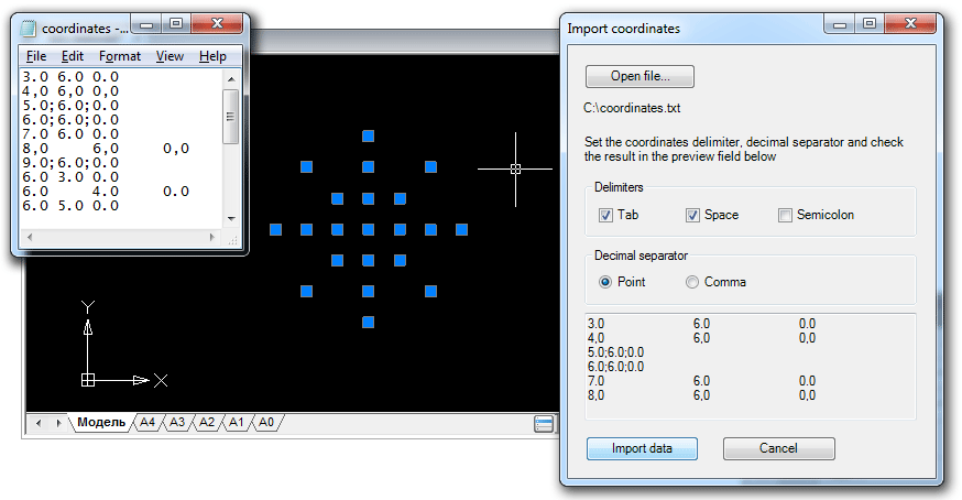 Импорт координат из текстового файла в чертёж nanoCAD на классическом .NET API