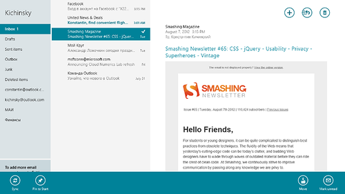 Жесткая приоритизация, или 5 первых шагов к отличному приложению для Windows 8. Функциональность Mail app