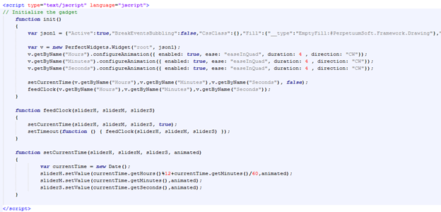 Примерно так выглядит JavaScript код для работающих часов