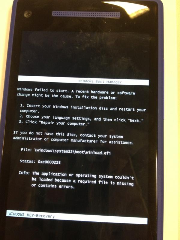 Как выглядит ошибка запуска системы Windows Phone 8