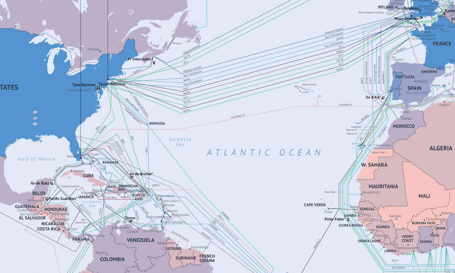 Карта подводного интернета 2014 от TeleGeography