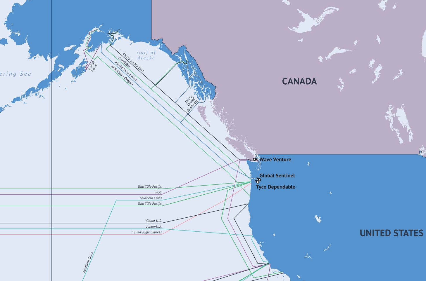 Карта подводного интернета 2014 от TeleGeography