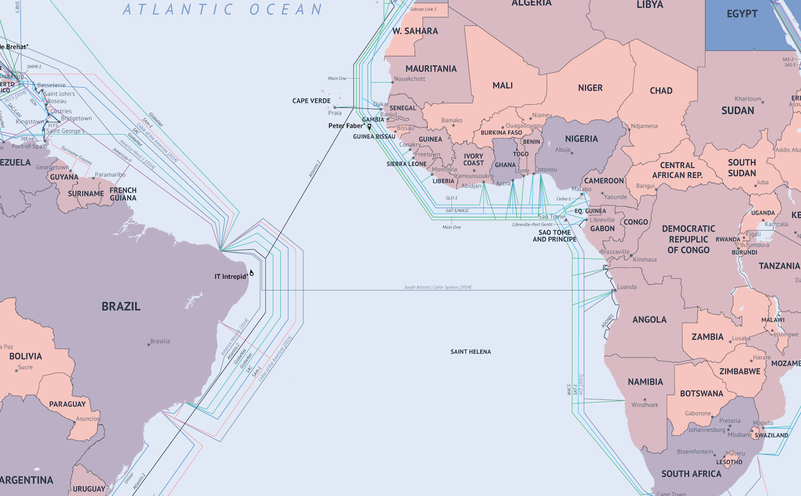 Карта подводного интернета 2014 от TeleGeography