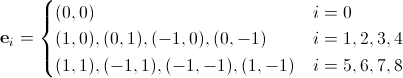 D2Q9 vectors bold{e}_i=begin{cases}   (0,0)                        & i=0 \  (1,0),(0,1),(-1,0),(0,-1)    & i=1,2,3,4 \  (1,1),(-1,1),(-1,-1),(1,-1)  & i=5,6,7,8 \end{cases}