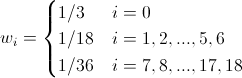 D3Q19 weights w_i=begin{cases}   1/3    & i=0 \  1/18    & i=1,2,...,5,6 \  1/36   & i=7,8,...,17,18 \end{cases}