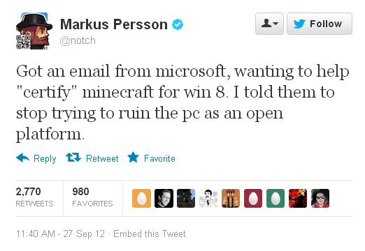 Нотч отказался сертифицировать Minecraft под Windows 8