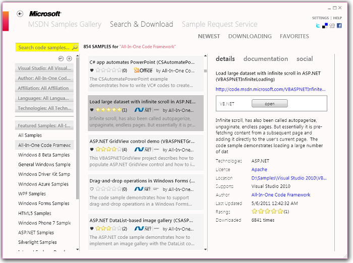 Новый навигатор по примерам кода Microsoft All In One Code Framework, MSDN, Windows 8 и многое другое