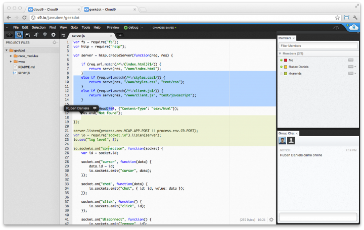 Обновление Cloud9 IDE — автодополнение, совместное редактирование, оффлайн режим и виртуальный сервер с консолью