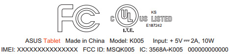 Asus K005, маркировка