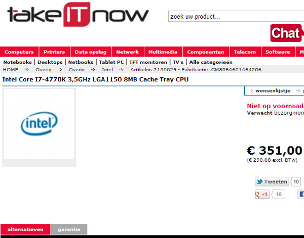 Цена Intel Core i7-4770K (Haswell) — примерно 330-350 евро