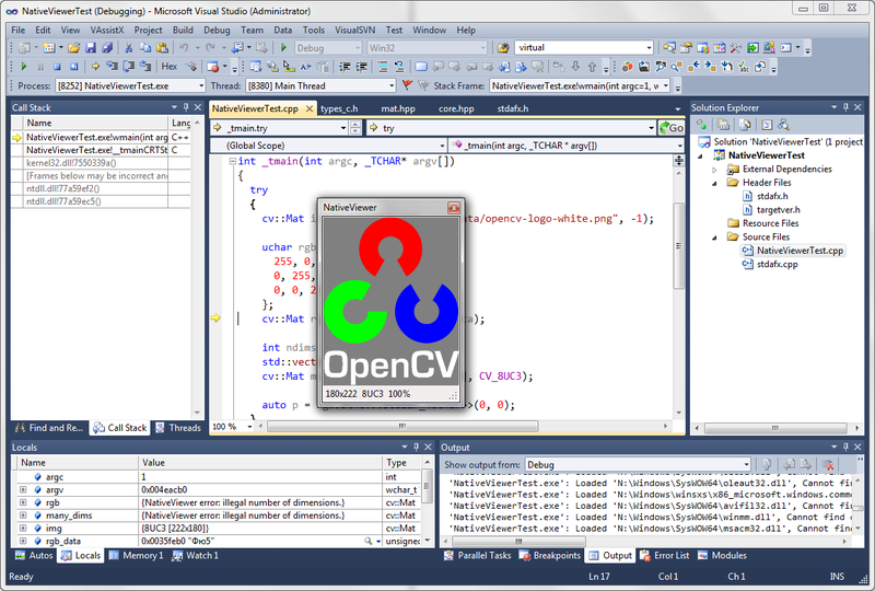 Просмотр изображений OpenCV во время отладки C++ кода в Visual Studio Просмотр изображений OpenCV во время отладки C++ кода в Visual Studio