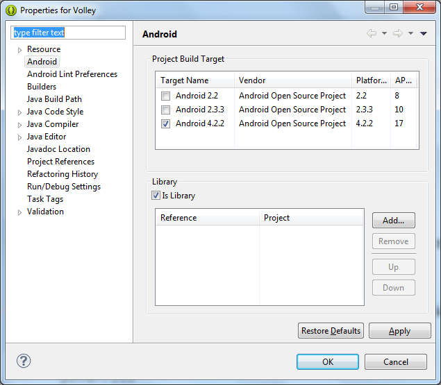Простой пример использования библиотеки Volley volley as a library project