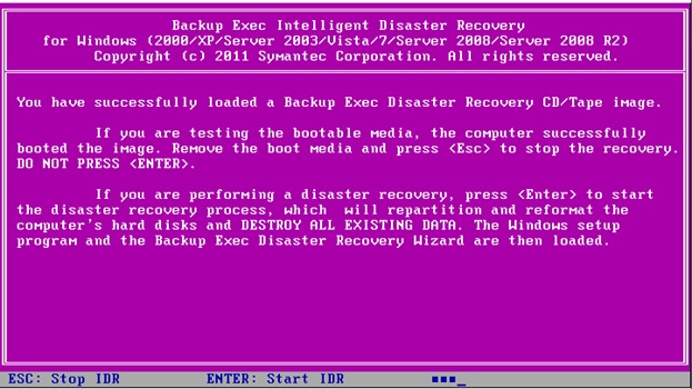 Работа с Intelligent Disaster Recovery в Symantec Backup Exec