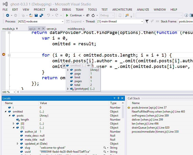 Отладка Ghost в VS с Node Tools for Visual Studio