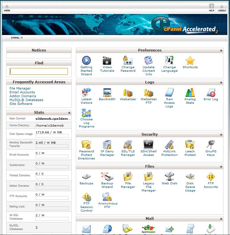 Окно программы cPanel