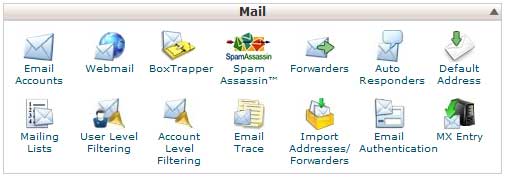 Сравнение панелей управления хостингом: cPanel vs. vDeck Группа ярлыков работы с почтой в cPanel