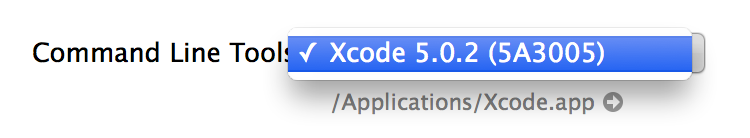 Xcode.app → Preferences → Location | Command Line Tools