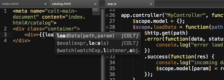 В новой сборке COLT 2.0 (beta 6) появился расширенный автокомплит для Angular.js проектов — внутри {{}} для Sublime Text (2 и 3)