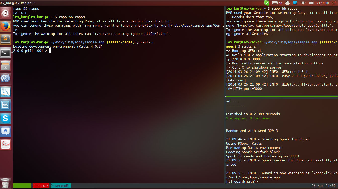 Запуск tmux окна, адаптированного для удобной работы с Ruby on Rails