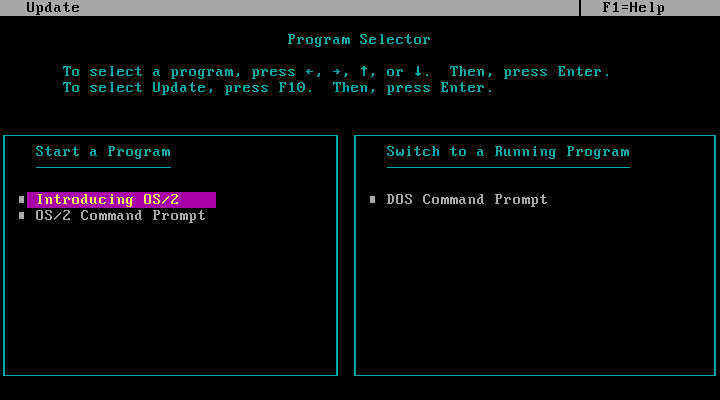 Если в CONFIG.SYS заменить PROTSHELL=C:OS2TSHELL.EXE на C:OS2CMD.EXE, то оболочка загружена не будет, вы окажетесь в OS/2 Command Prompt и не сможете переключаться между задачами. Догрузить TSHELL можно, вызвав её из командной строки -- прим. пер. TSHELL Program Selector